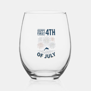 Vintage Dolphin 4th of July Fireworks Shirt Design Stemless Wine Glass