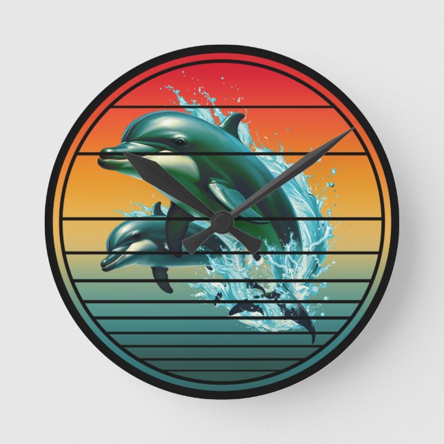 Vintage Dolphin Ocean Sea Creature Dolphins Round Clock (Front)