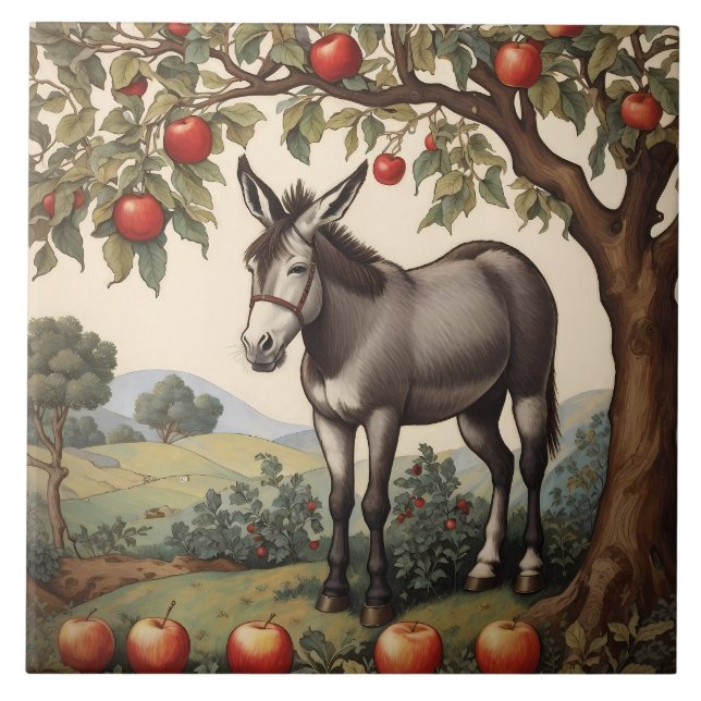 Vintage Donkey Under An Apple Tree Ceramic Tile (Front)