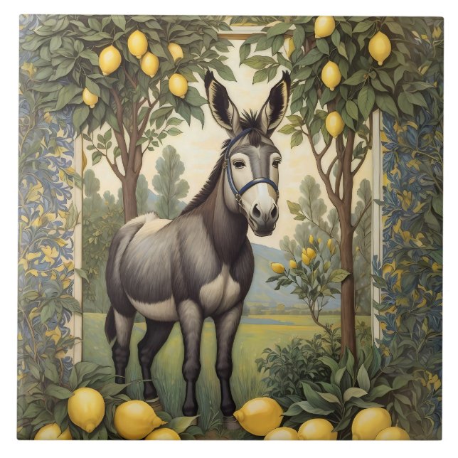 Vintage Donkey Under the Lemon Trees Ceramic Tile (Front)