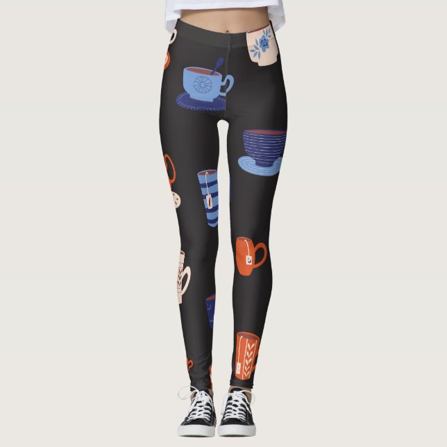 Vintage Doodle Cups Seamless Background Leggings (Front)