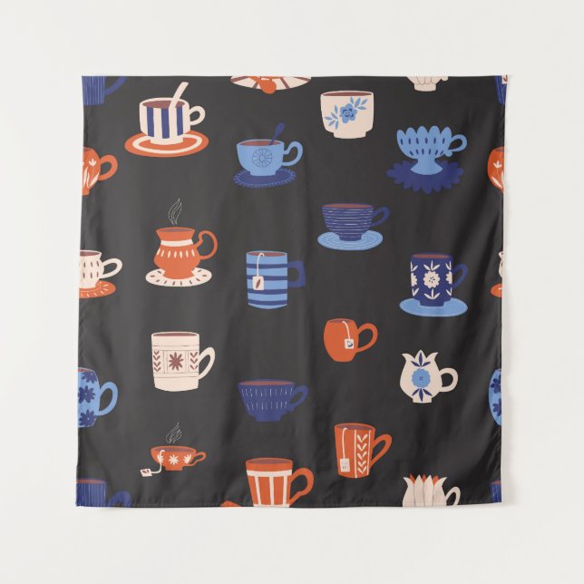 Vintage Doodle Cups Seamless Background Tapestry (Front)