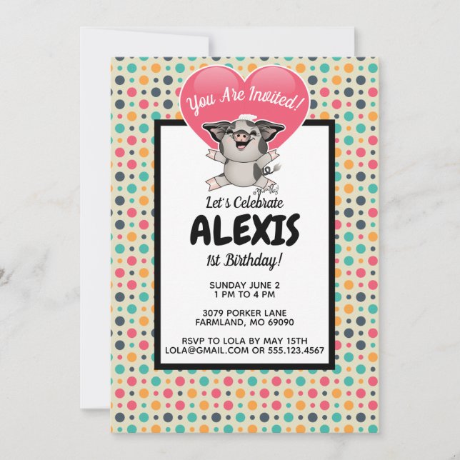 Vintage Dots Piggy Birthday Party Photo Invite (Front)