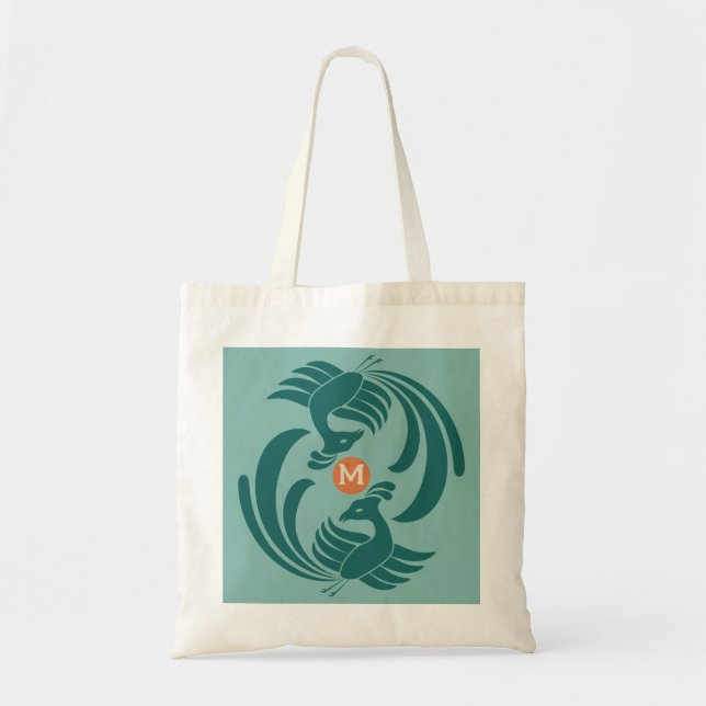 vintage double cranes green tote bag (Front)