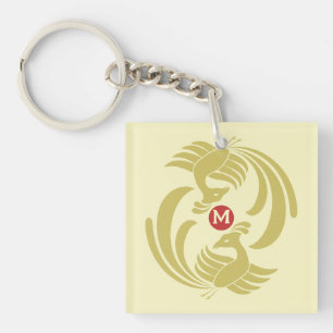 vintage double cranes yellow key ring