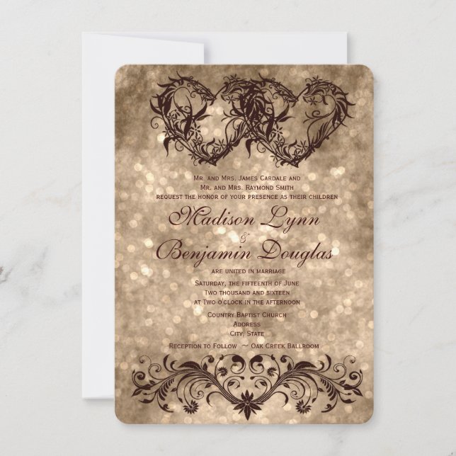 Vintage Double Hearts Champagne Wedding Invitation (Front)