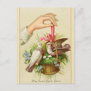 Vintage Doves in an Easter Basket With Red Bow Postcard