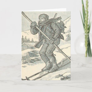 Vintage Downhill Skiier Skiing Winter Christmas Holiday Card