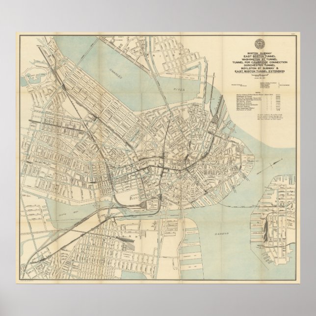 Vintage Downtown Boston Subway Map (1917) Poster (Front)