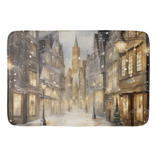 Vintage Downtown Night Winter Snowfall Gold Black Bath Mat