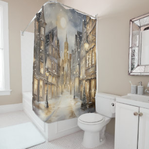 Vintage Downtown Night Winter Snowfall Gold Black Shower Curtain