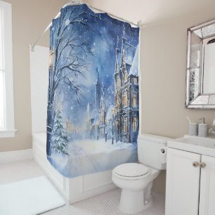 Vintage Downtown Night Winter Snowfall Shower Curtain