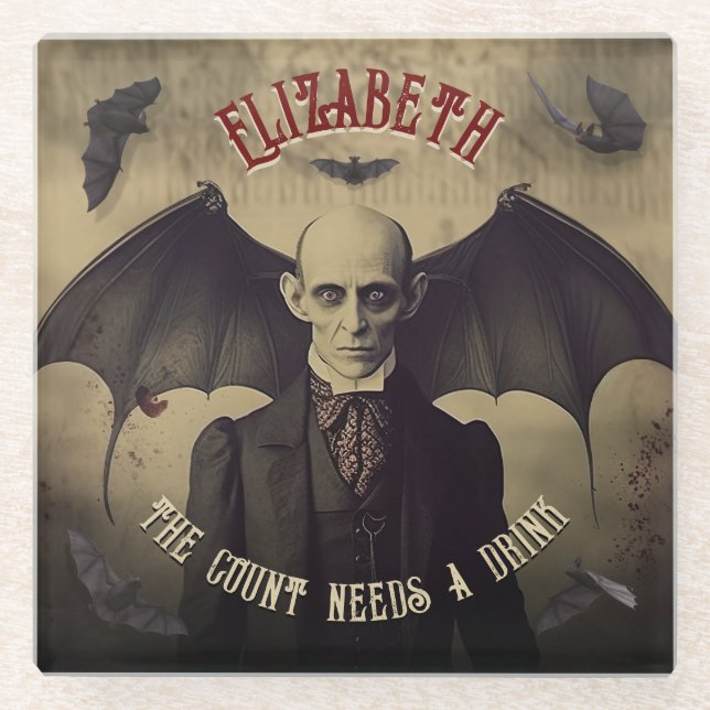 Vintage Dracula with Bats Halloween Glass Coaster (Front)