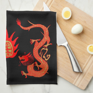 Vintage Dragon Holiday Red and Black Tea Towel