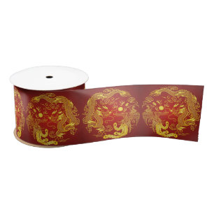 Vintage Dragon Phoenix Red Gold Chinese Wedding Satin Ribbon