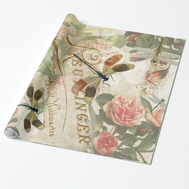 Vintage Dragonflies and Roses Decoupage Wrapping Paper (Unrolled)