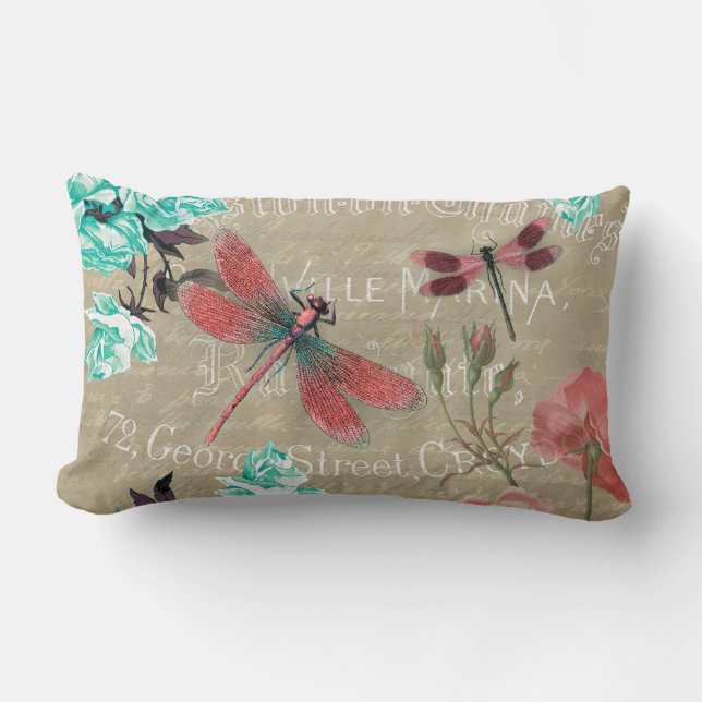 Vintage Dragonflies and Roses Lumbar Cushion (Front)