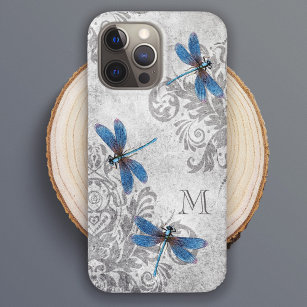 Vintage Dragonflies Grunge Damask with Monogram Case-Mate iPhone 14 Pro Max Case