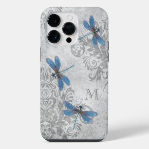 Vintage Dragonflies Grunge Damask with Monogram iPhone 14 Pro Max Case
