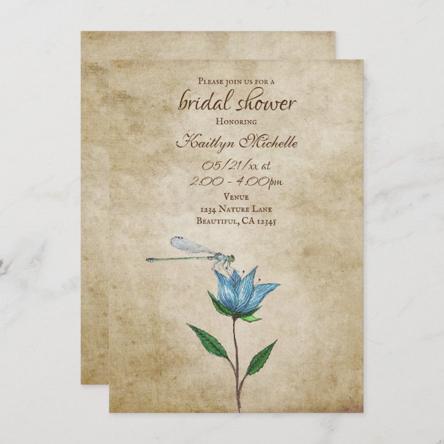 Vintage Dragonfly and Blue Flower Bridal Shower Invitation (Front/Back)