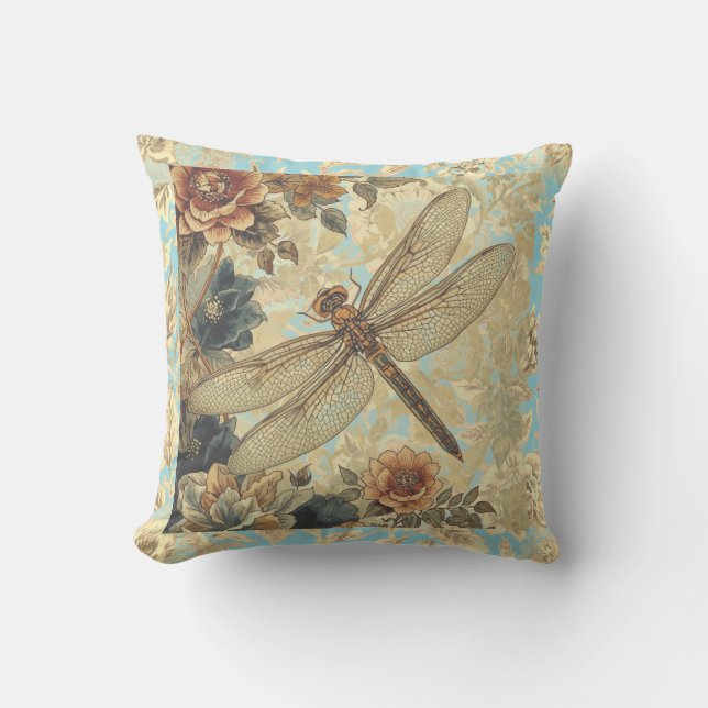 Vintage Dragonfly and Flowers Garden Pattern Cushion (Front)