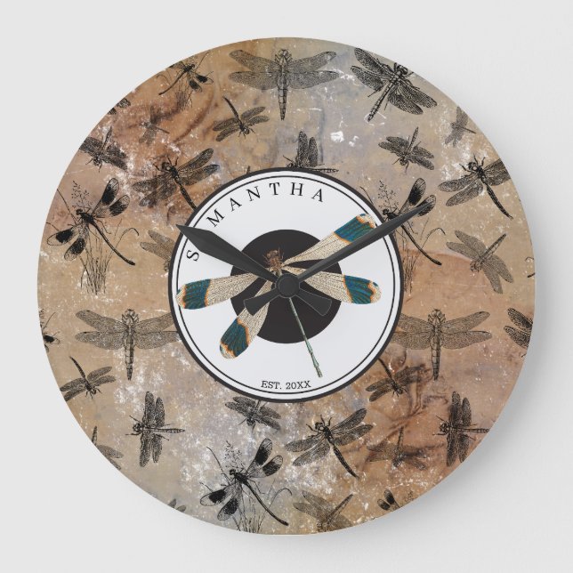Vintage Dragonfly Distressed Entomology Monogram  Large Clock (Front)
