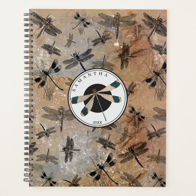 Vintage Dragonfly Distressed Entomology Monogram  Planner (Front)