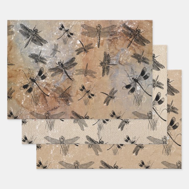 Vintage Dragonfly Distressed Entomology Pattern  Wrapping Paper Sheet (Set)