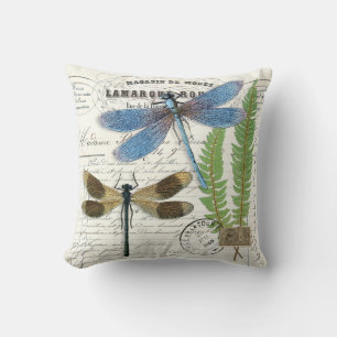 Vintage Dragonfly Fern French 16" Throw Pillow