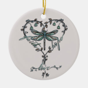 Vintage Dragonfly Heart Faith Hope Love Ceramic Ornament