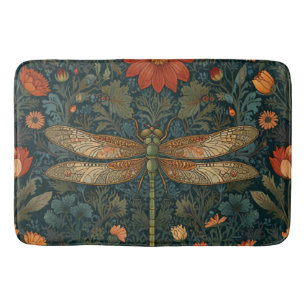 Vintage dragonfly orange floral greenery boho chic bath mat