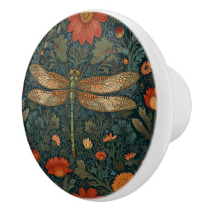 Vintage dragonfly orange floral greenery boho chic ceramic knob