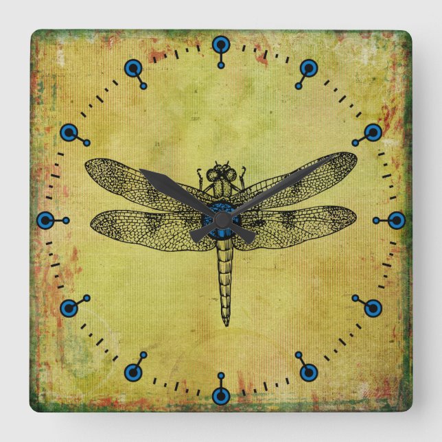 Vintage Dragonfly Square Wall Clock (Front)