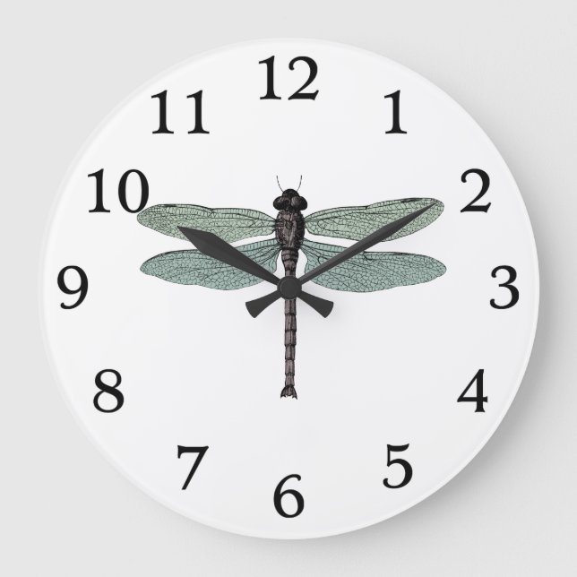 Vintage Dragonfly Typographic Antique Illustration Large Clock (Front)