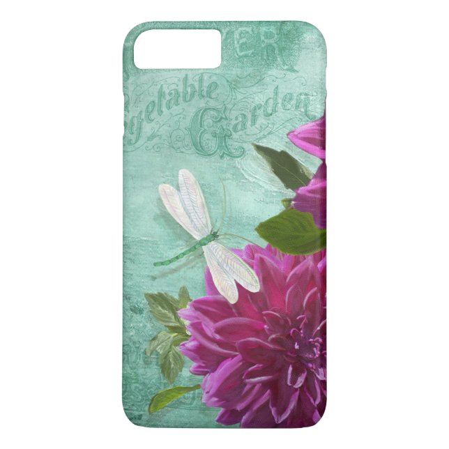 Vintage Dragonfly w Purple Dahlia Painted Flowers Case-Mate iPhone Case (Back)