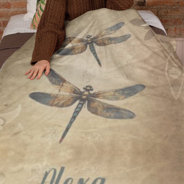 Vintage Dragonfly with Custom Name/Monogram Fleece Blanket (Creator Uploaded)
