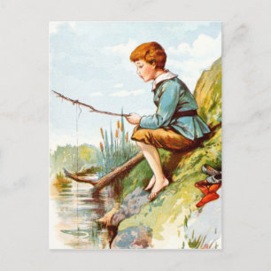Vintage Drawing: Boy Fishing in a River Postcard