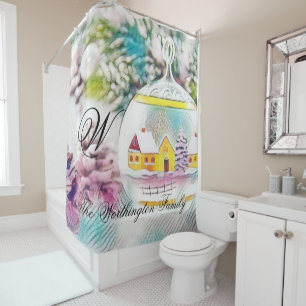 Vintage Drawing Christmas Tree Pink Decorations Shower Curtain