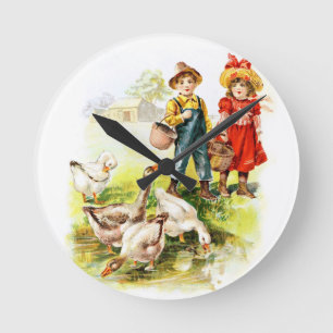 Vintage Drawing: Feeding the Geese Round Clock