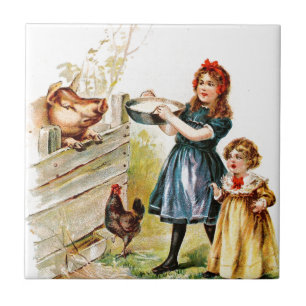 Vintage Drawing: Feeding the Pig Ceramic Tile