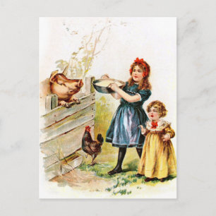 Vintage Drawing: Feeding the Pig Postcard