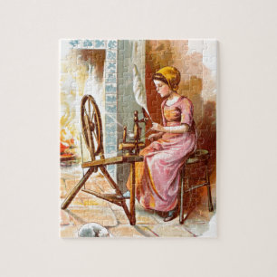 Vintage Drawing: Girl with a Spinning Wheel Jigsaw Puzzle