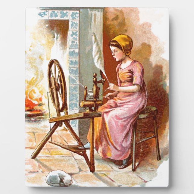 Vintage Drawing: Girl with a Spinning Wheel Plaque (Front)