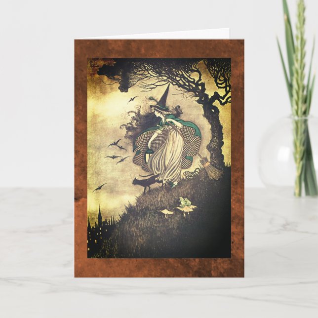 Vintage Drawing Halloween Witch Greeting Card (Front)