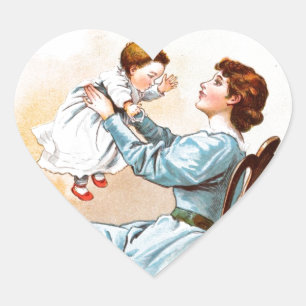 Vintage Drawing: Mother with Baby Girl Heart Sticker