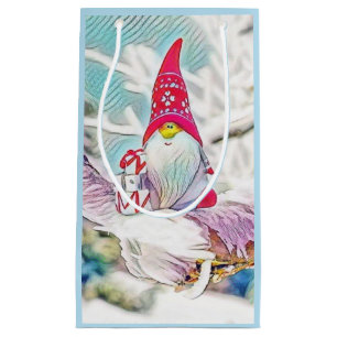 Vintage Drawing of a Gnome on a snowed tree Small Gift Bag