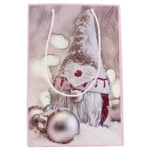 Vintage Drawing of a Pink Gnome on snow Medium Gift Bag