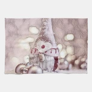 Vintage Drawing of a Pink Gnome on snow Tea Towel