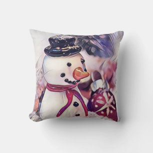 Vintage Drawing of a Snowman in snow watercolor Cushion
