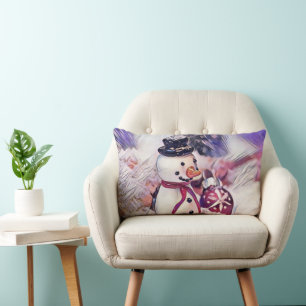 Vintage Drawing of a Snowman in snow watercolor Lumbar Cushion